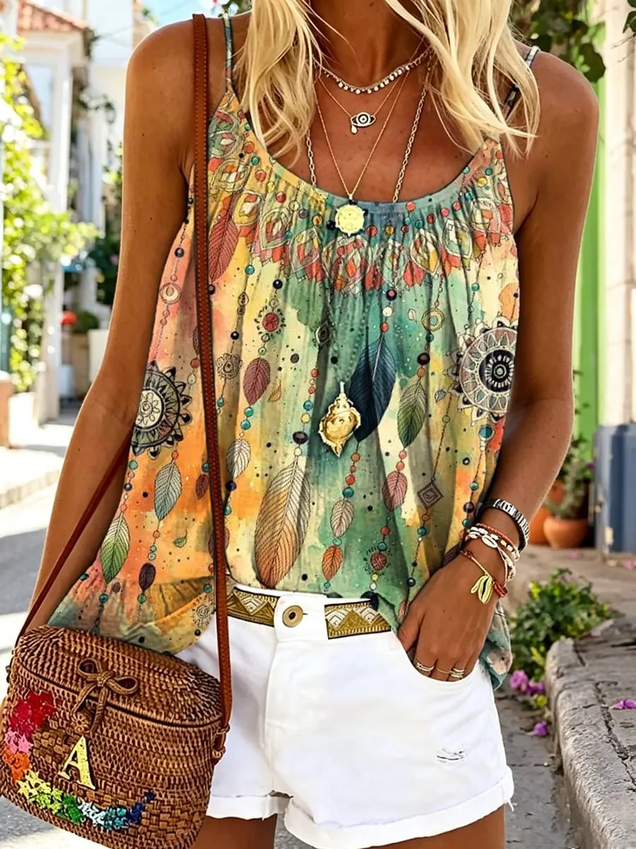 Women's Feather & Bead Watercolor Print Spaghetti Strap Camisole Top