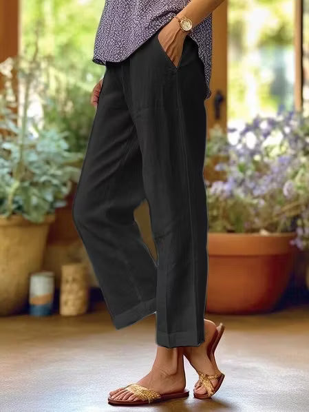 Solid Linen Blend Straight Leg High Waist Casual Pants