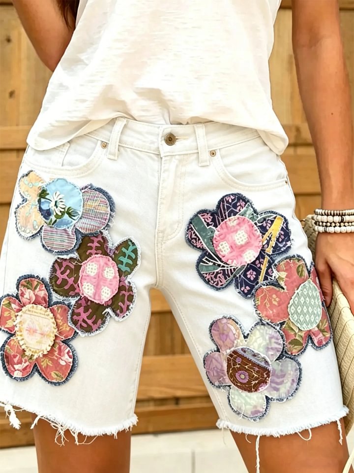 Women Ethnic Floral Print Denim Shorts