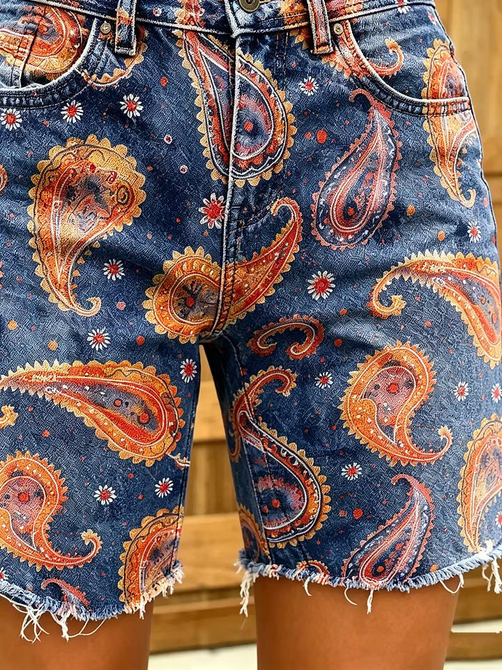 Women's Paisley Floral Print Frayed Hem Denim Shorts