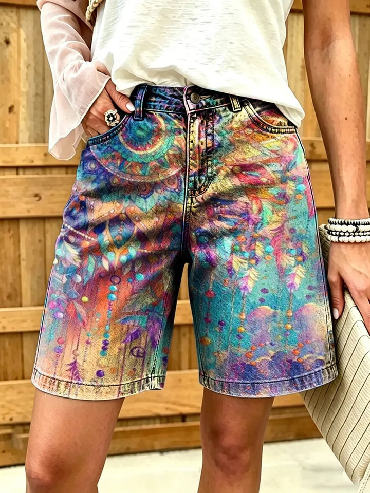 Women's Bohemian Feather Mandala Watercolor Print Cotton Denim Shorts