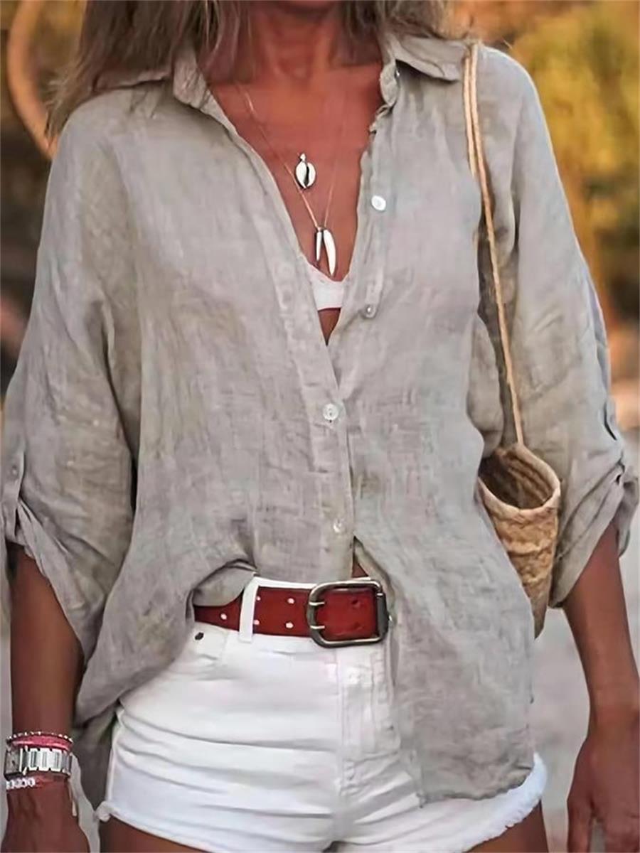 Comfysol Grey Casual Loose Soild Long Sleeve Blouse