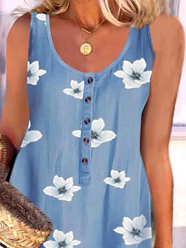 Comfysol Blue Casual Round Neck Sleeveless Floral Printed Dresses
