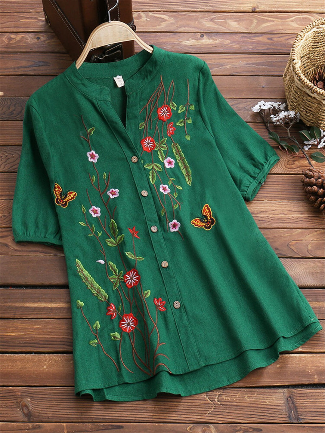 Comfysol Cotton Floral Print Casual V-neck Short Sleeve Blouse