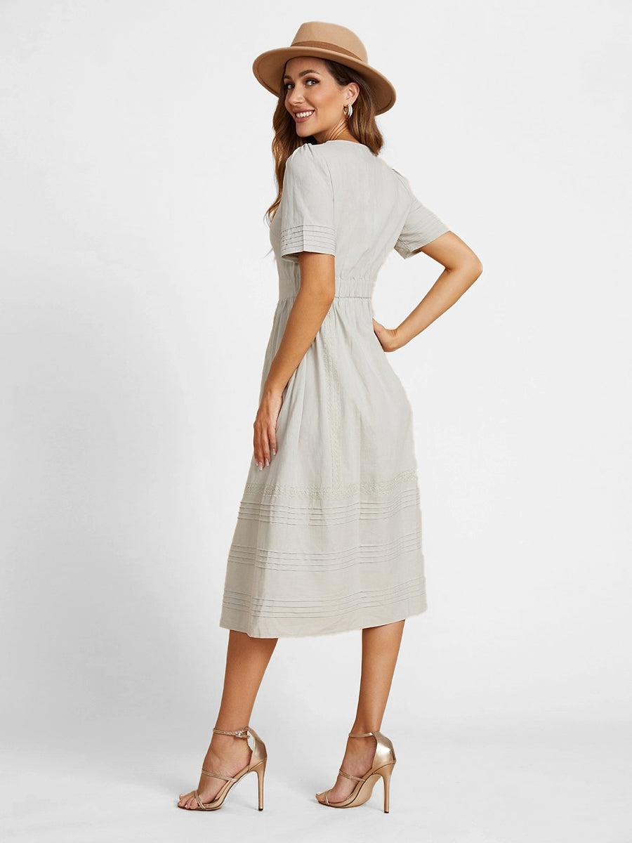 Comfysol Solid Buttons Round Neck Sage Short Sleeve Maxi Dress