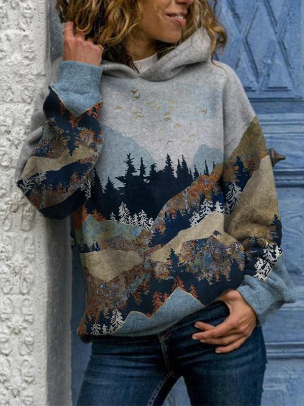 Comfysol Mountain Treetop Print Hooded Sweatshirt