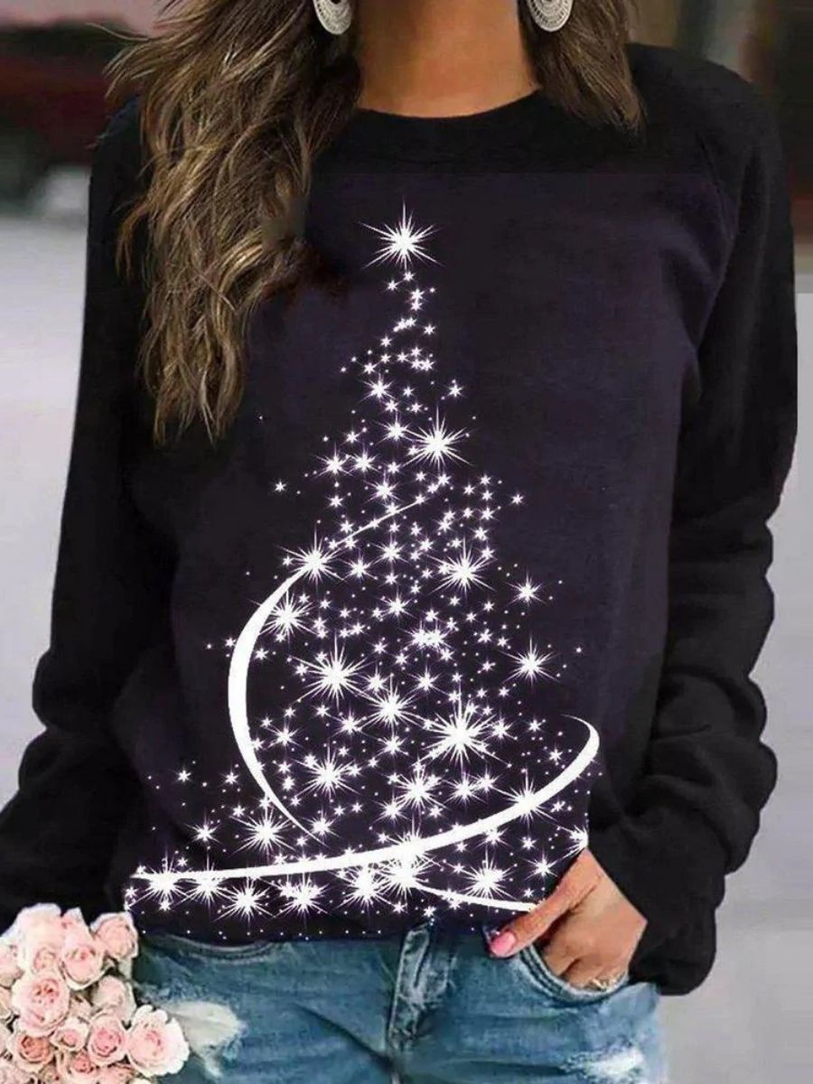 Comfysol Black Casual Graphic Tops Round Neck Christmas Tree Printed Long Sleeve Xmas Sweatshirts