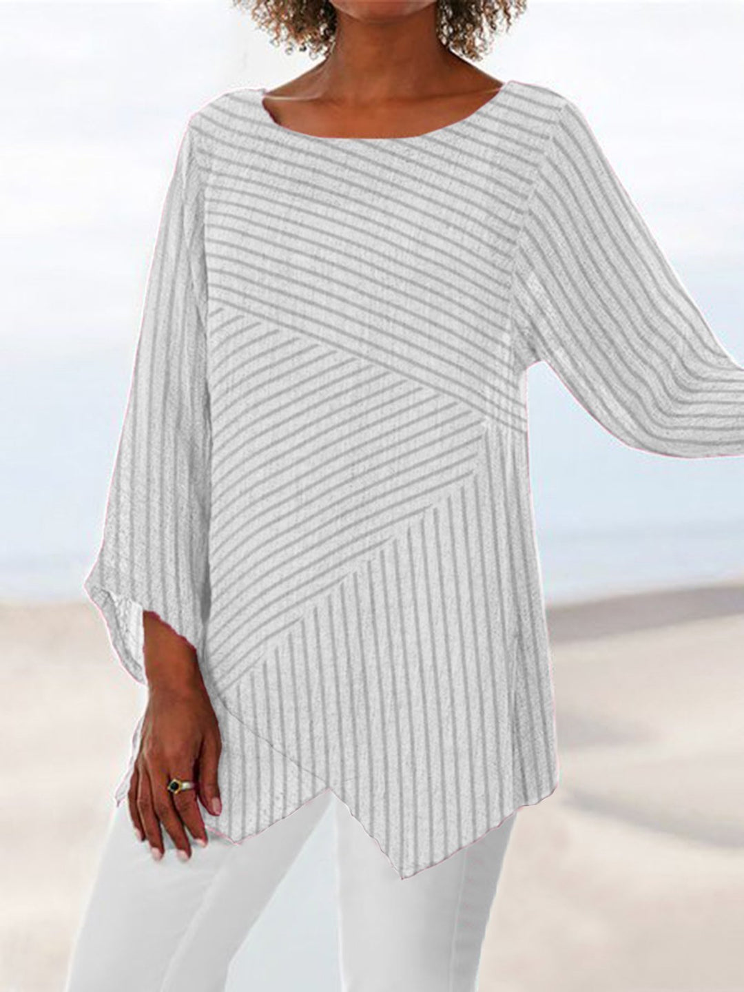 Comfysol Crew Neck Long Sleeve Paneled Vacation Blouse