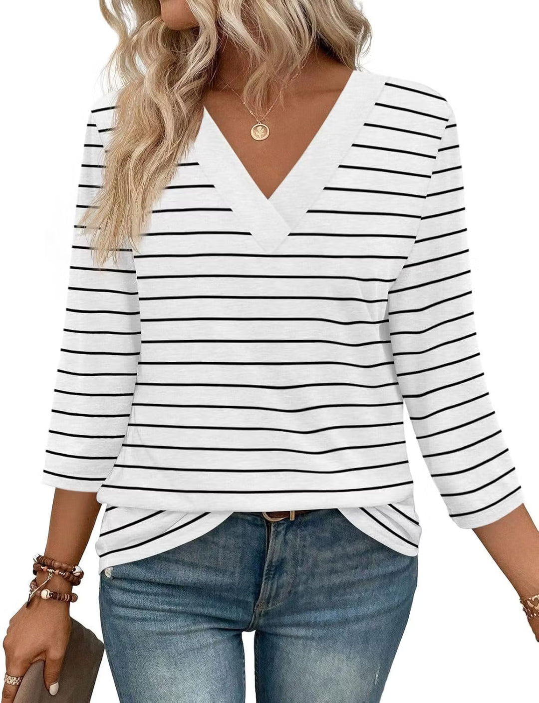 Women's V Neck 3/4 Long Sleeve Loose Fit Tops