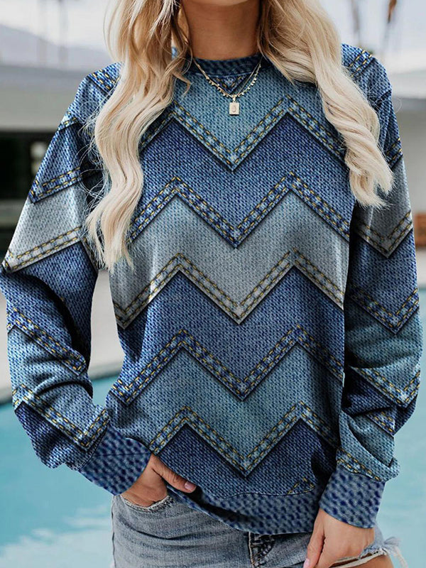 Comfysol Blue Casual Round Neck Long Sleeve Geometric Printed Sweatshirts