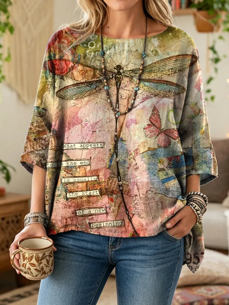 Ethnicity Retro Dragonfly Women's Art Print Casual 3/4 Sleeve Cotton Top