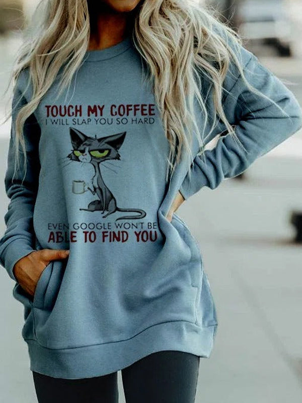 Comfysol Blue Casual Graphic Tops Round Neck Long Sleeve Cat Character Printed with Pockets Sweatshirts