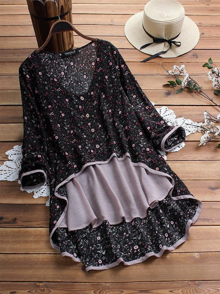 Comfysol Women's Floral Print Patchwork Long Sleeve Irregular Hem Blouse