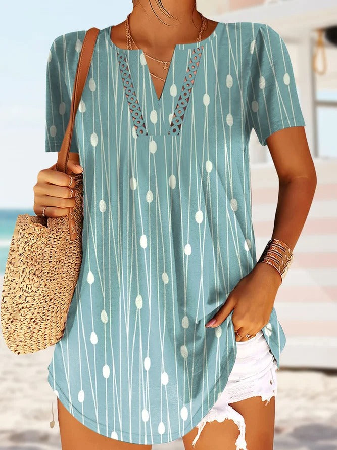 Comfysol Blue Casual V Neck Polka Dot Printed Short Sleeve Blouse