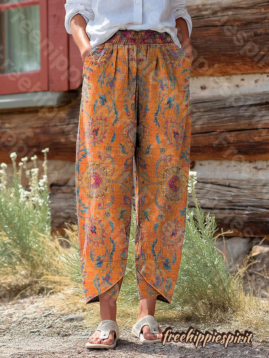 Women's Ethnic Totem Art Pattern Printed Cotton Linen Casual Pants