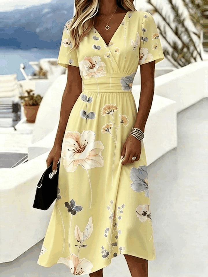 Women's Summer V-Neck Short Sleeve Printed Waist Cinched Dress