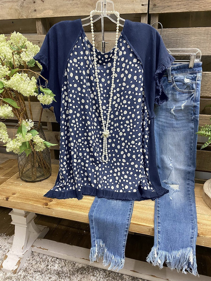 Comfysol Cuffs Frosted Polka Dot Stitching Blouse