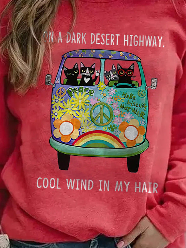 Comfysol Red Casual Graphic Tops Round Neck Long Sleeve Cat Printed Sweatshirts