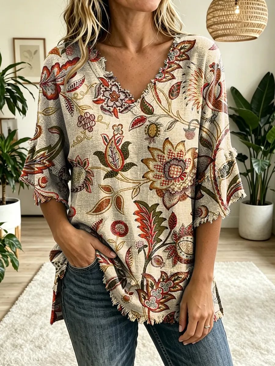 Women's Folk Floral Art Print V-Neck Tassels Cotton TopV