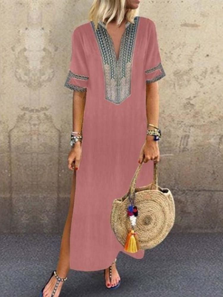 Comfysol Split Short Sleeve V-Neck Travel Look A-Line Maxi Dress