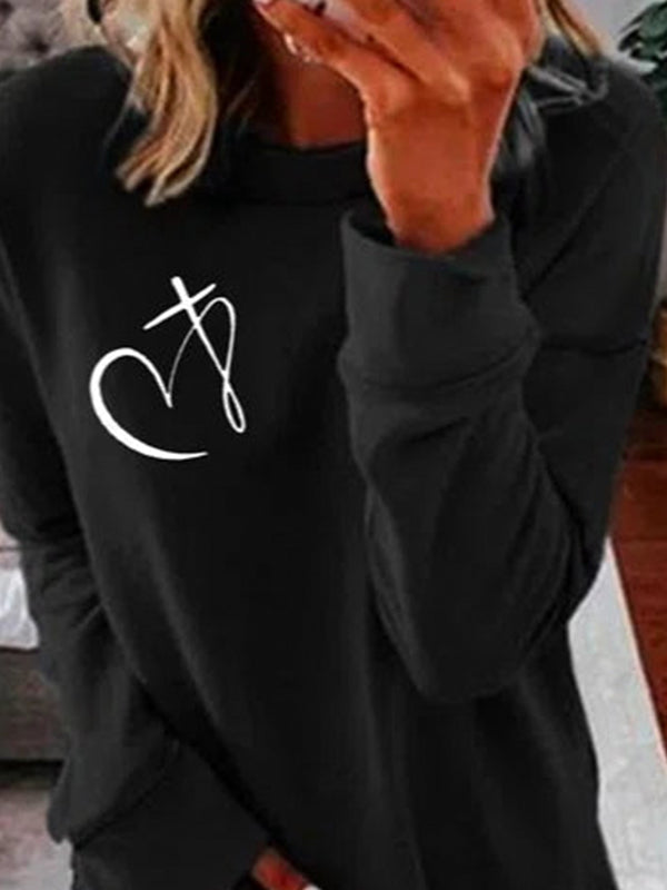 Comfysol Black Casual Graphic Tops Round Neck Long Sleeve Heart Printed Sweatshirts