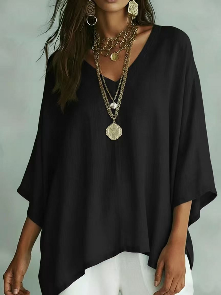 Flowy Solid V-Neck Irregular Hem Half Sleeve Top
