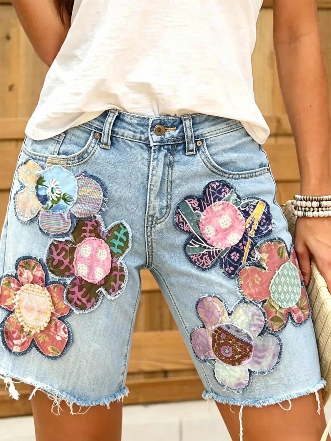 Women Ethnic Floral Print Denim Shorts