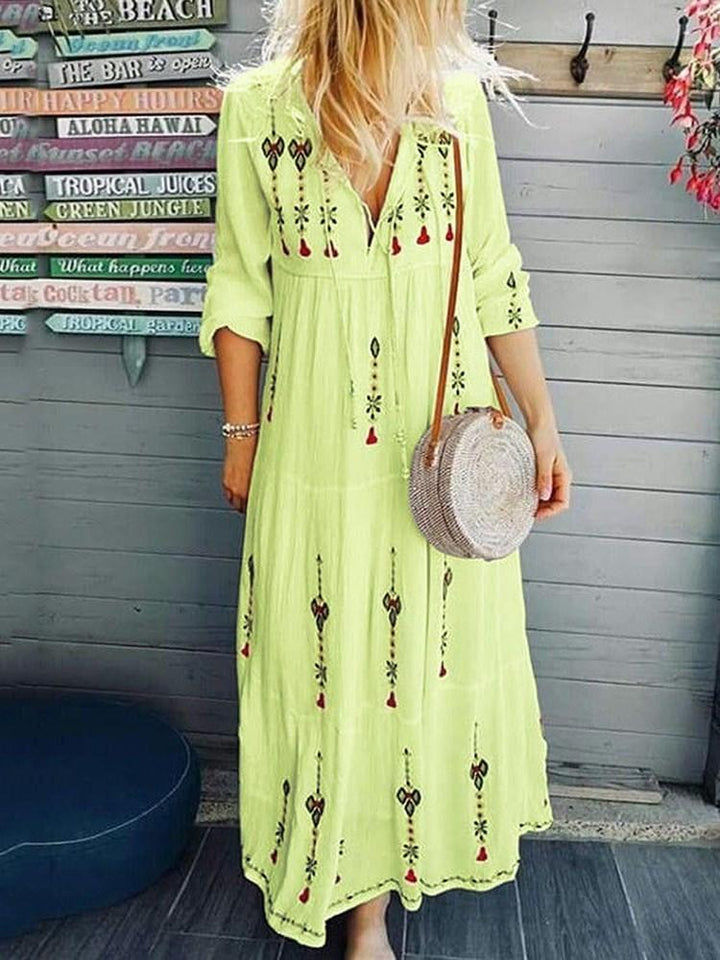Comfysol Three Quarter Sleeve Ankle Length Print High Waist Pullover Maxi Dress