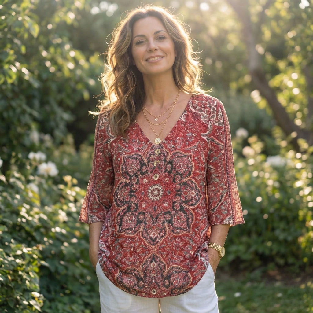 Red Paisley Bohemian Blouse Top