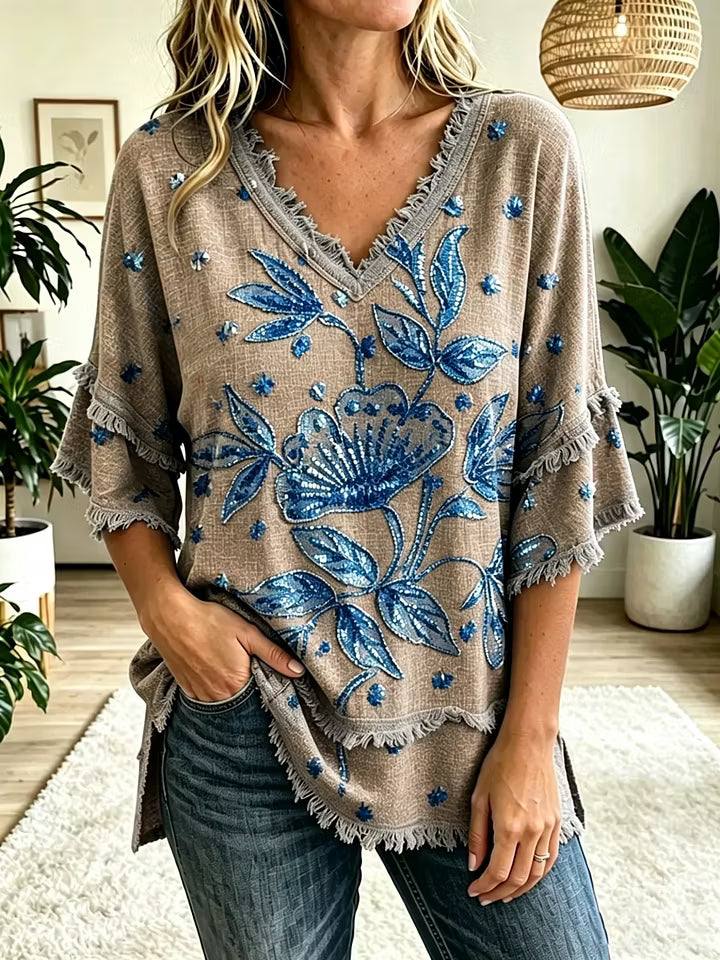 Women's Vintage Folk Floral Art Print V-Neck Tasseled Cotton Top