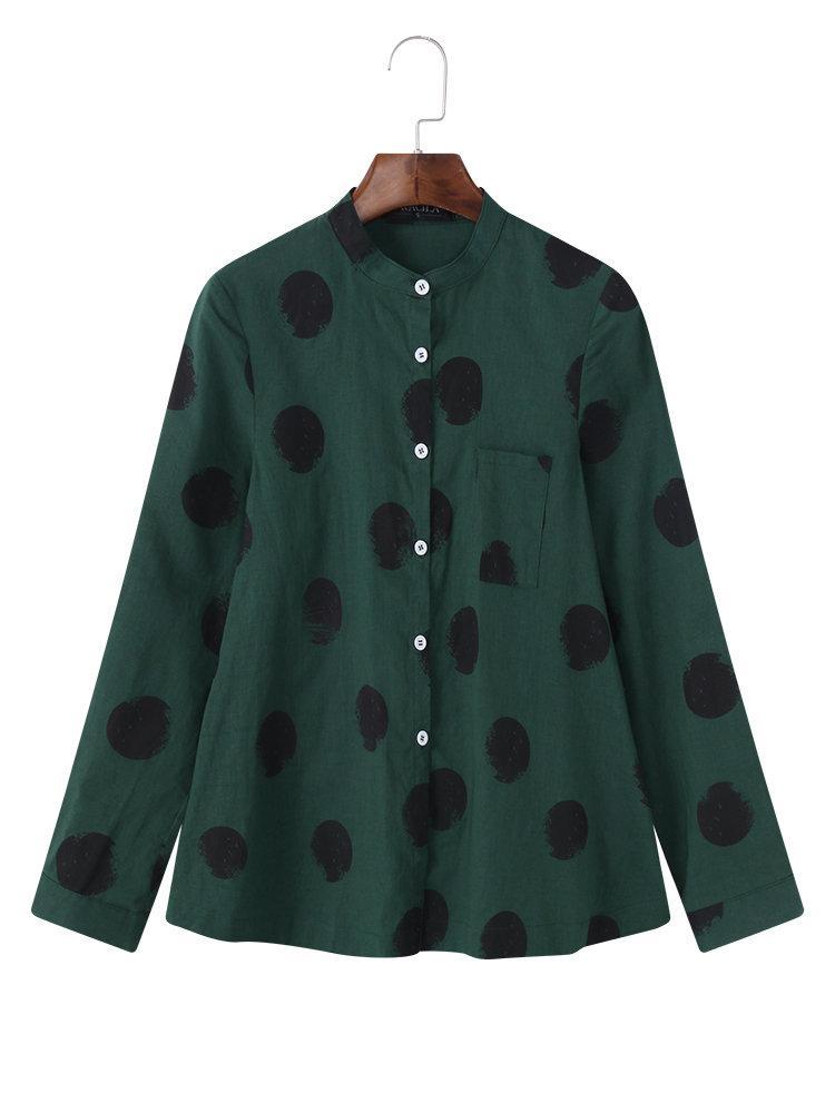 Comfysol Casual Polka Dot Irregular Long Sleeve Stand Collar Blouse
