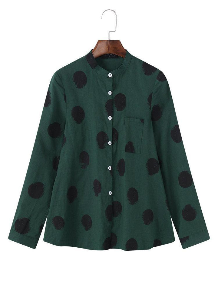 Comfysol Casual Polka Dot Irregular Long Sleeve Stand Collar Blouse