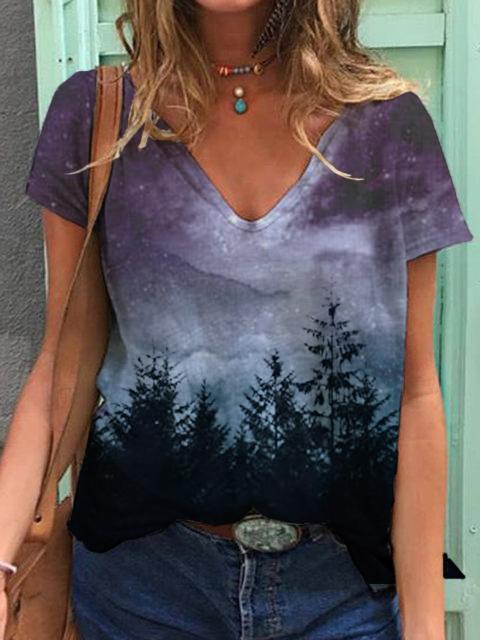 Comfysol Purple Tie-dye Printed V-neck Short Sleeve T-shirt