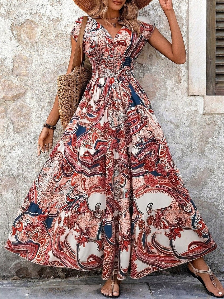Women Geometric Short Sleeve V Neck Printing Dress Daily Vintage Maxi Fit & Flare Dress A-Line Summer Dress