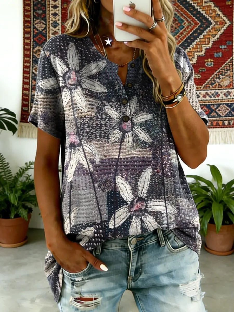 Women's Floral Art Print Button Comfortable Cotton Top