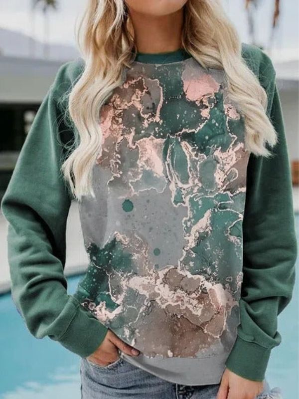 Comfysol Green Casual Round Neck Printed Long Sleeve Sweatshirts