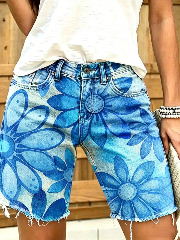 Rainbow Tie Dye Daisy Floral Raw Hem Denim Shorts