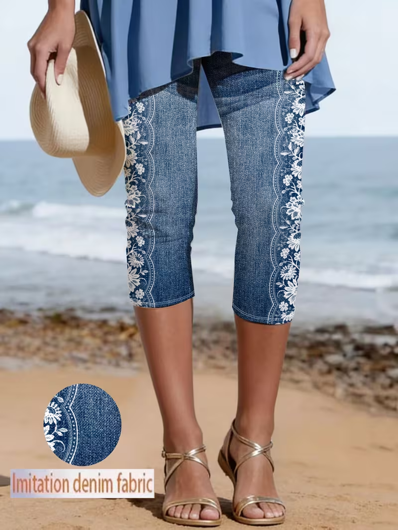 Women's Summer Vintage Floral Pattern Elastic Waist Cropped Pants