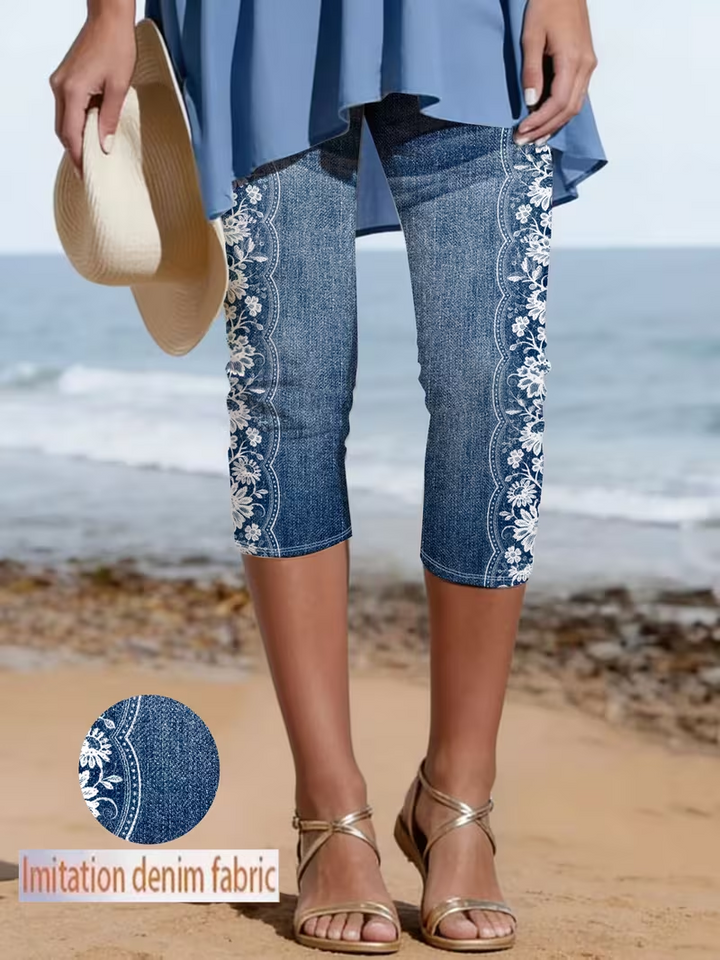 Women's Summer Vintage Floral Pattern Elastic Waist Cropped Pants