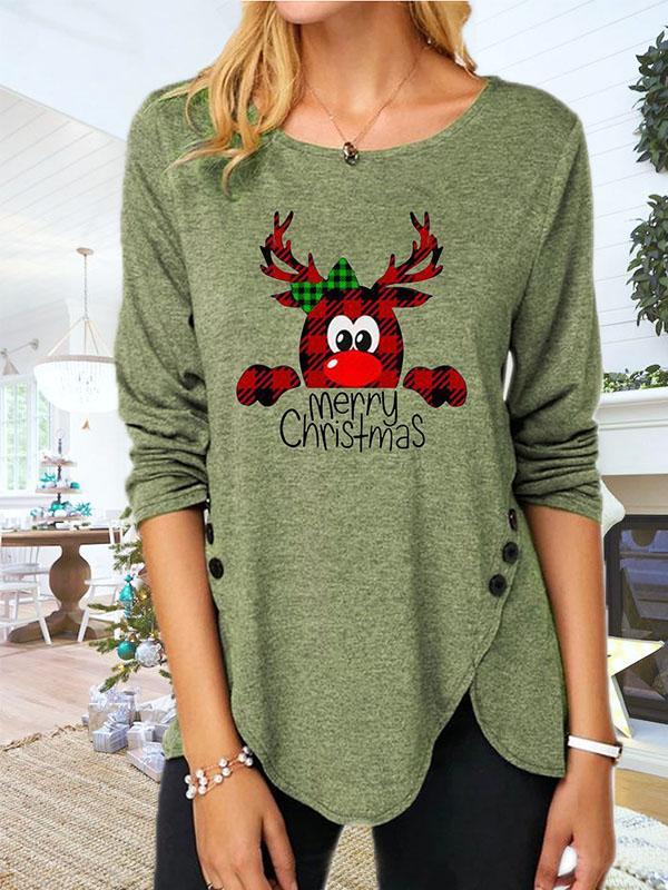 Comfysol Women's Christmas Print Casual Long Sleeve Round Neck T-shirt