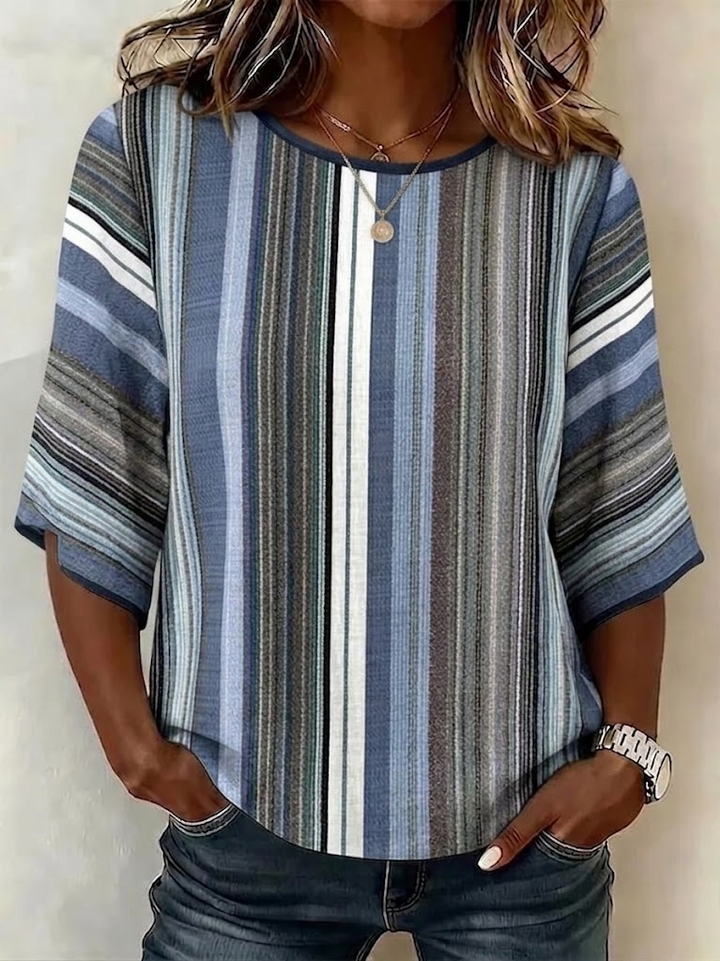 Women's Summer Loose Fit Round Neck Blue Striped T-shirt