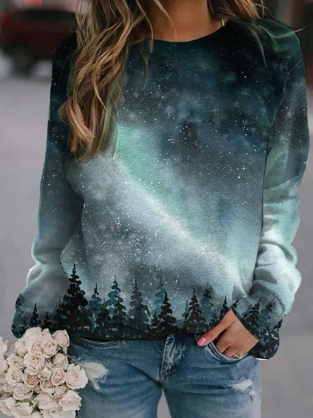 Comfysol Women's Northern Lights Treetop Print Sweatshirt