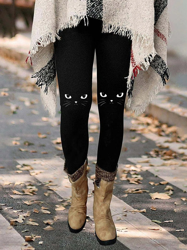Comfysol Black Casual Graphic Bottoms Cat Printed Leggings