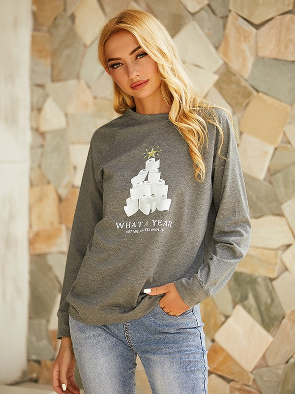 Comfysol Women's Tissue Christmas Tree What A Year But We Rolled With It Print Sweatshirt