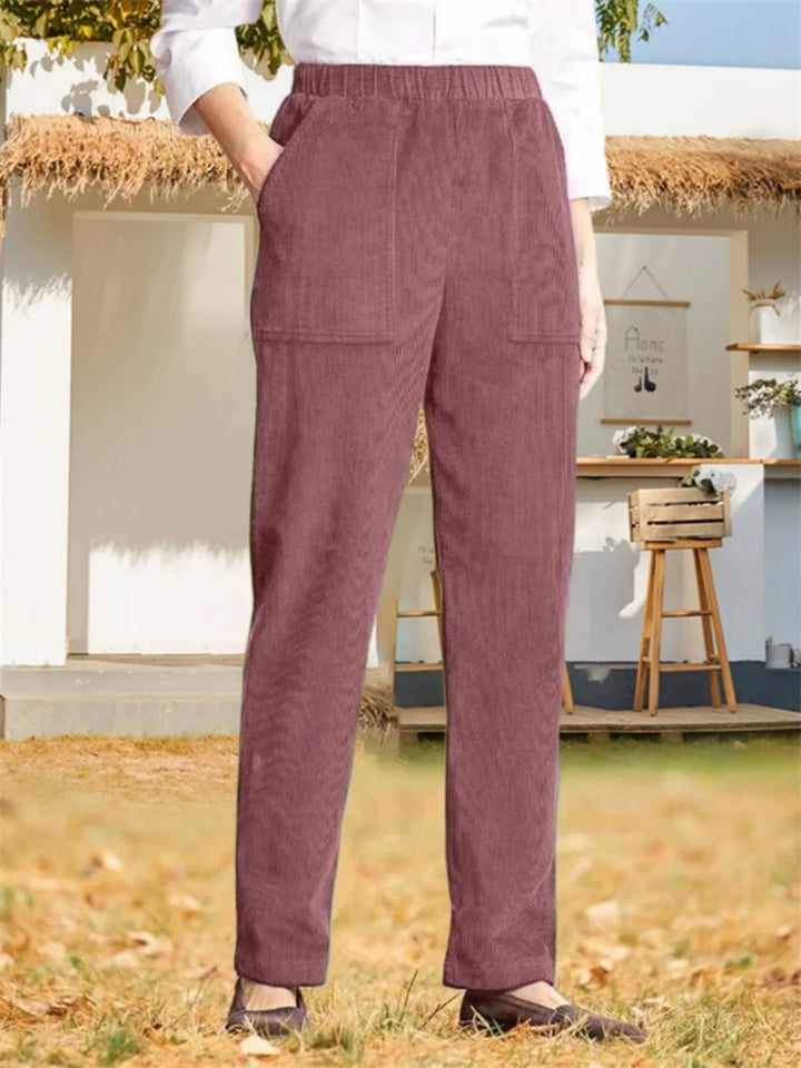 Comfysol Women's Solid Color Elastic Waist Casual Corduroy Straight Leg Pants