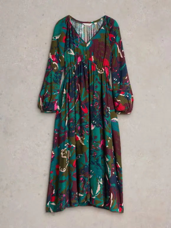 Green Print Midi Dress – Elegant Boho Vacation Dress for Women