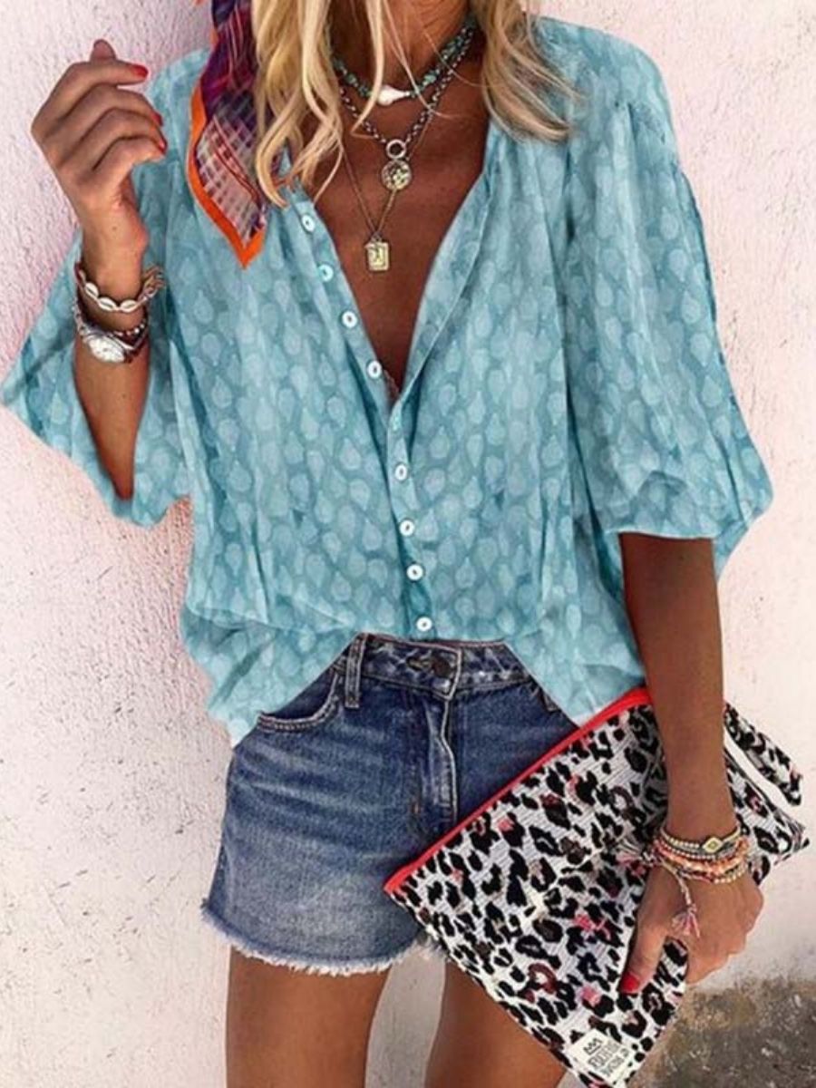 Comfysol Blue Casual Polka Dots Printed Half Sleeve Blouse