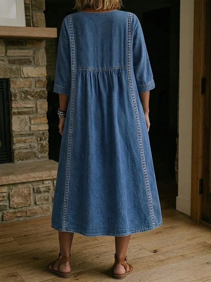 Vintage Denim Midi Dress with Lace Trim – Loose Fit Casual Shirt Dress