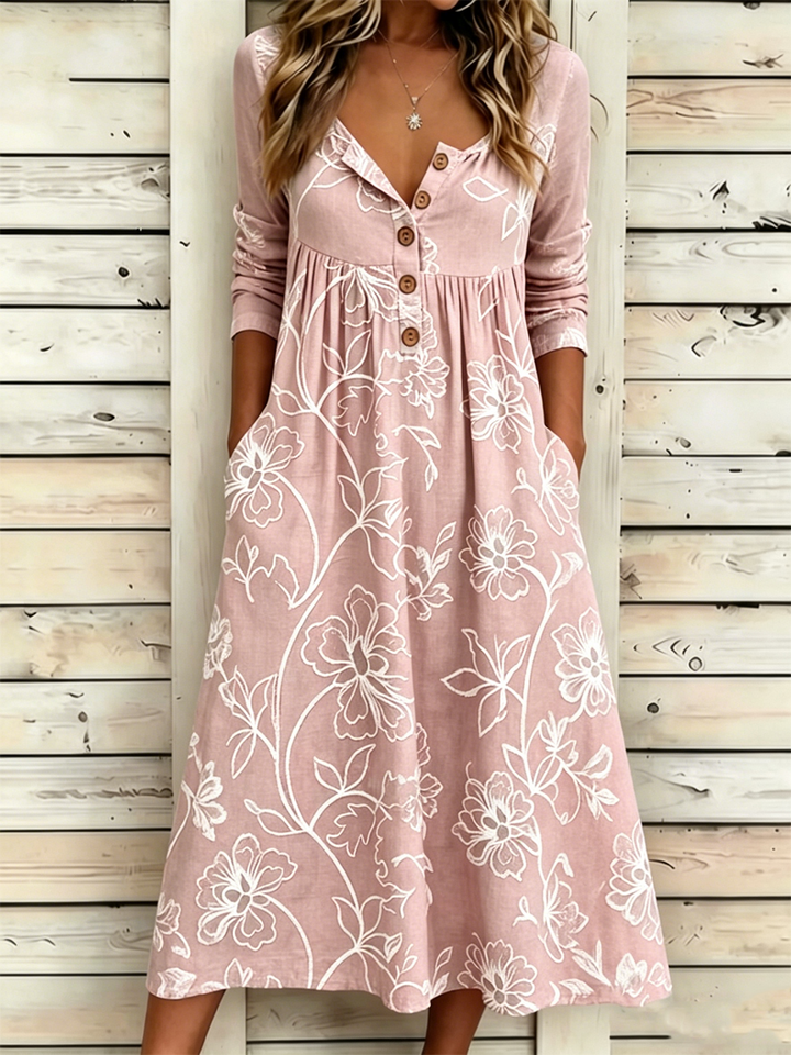 Vintage Floral Half-Open Collar Maxi Dress – Casual Boho A-Line Dress