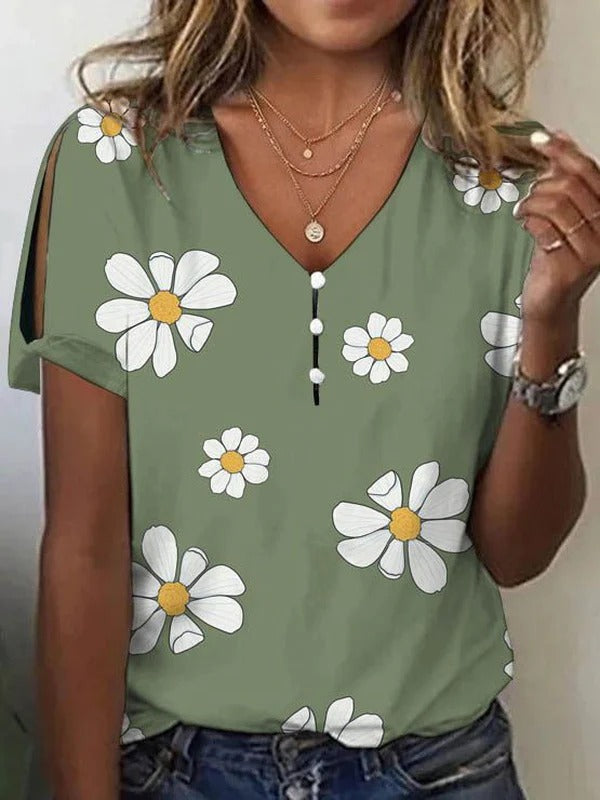 Comfysol Green Casual V Neck Floral Printed Short Sleeve Blouse